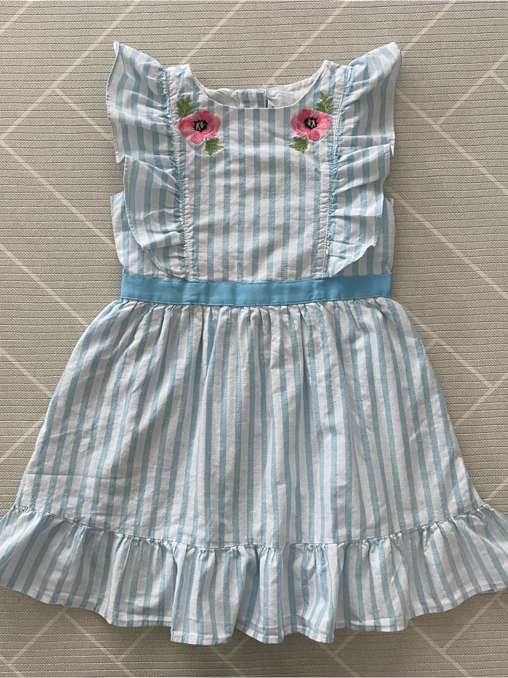 Janie and Jack Sky Blue Stripe Embroidered Flower Dress Girl’s Size 7